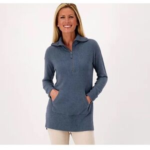 Barefoot Dreams CozyChic Lite Half Zip Tunic Sweater Blue Pullover Soft Womens L